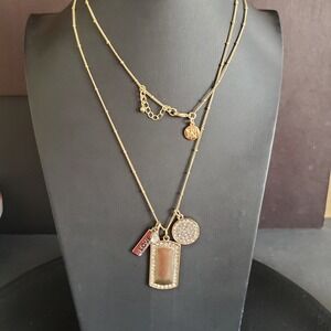 White House Black Market Long Gold Tone 3 Charm Necklace Pave Crystals WHBM